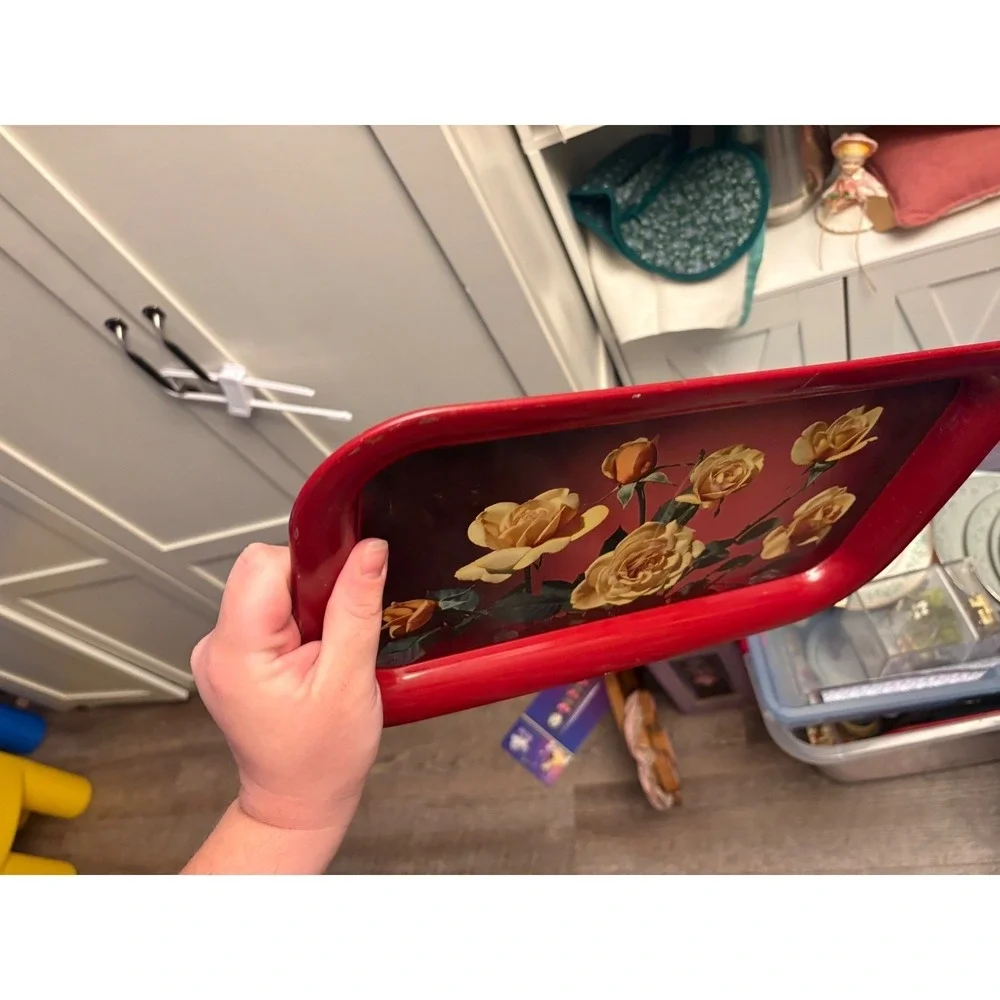 Vintage Metal Serving Tray Yellow Roses Floral Red Rim Rectangular Tin Toleware